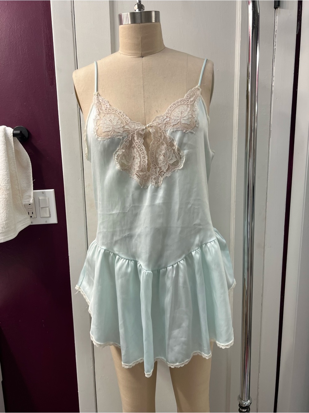 Vintage Victoria’s Secret Lace-Trim Satin Camisole Nightdress in Light Blue